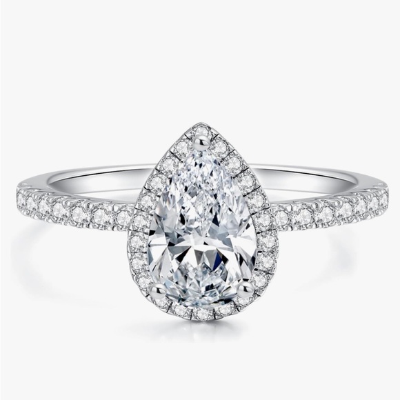 18k White Gold Pear Diamond Halo Engagement Ring ~...